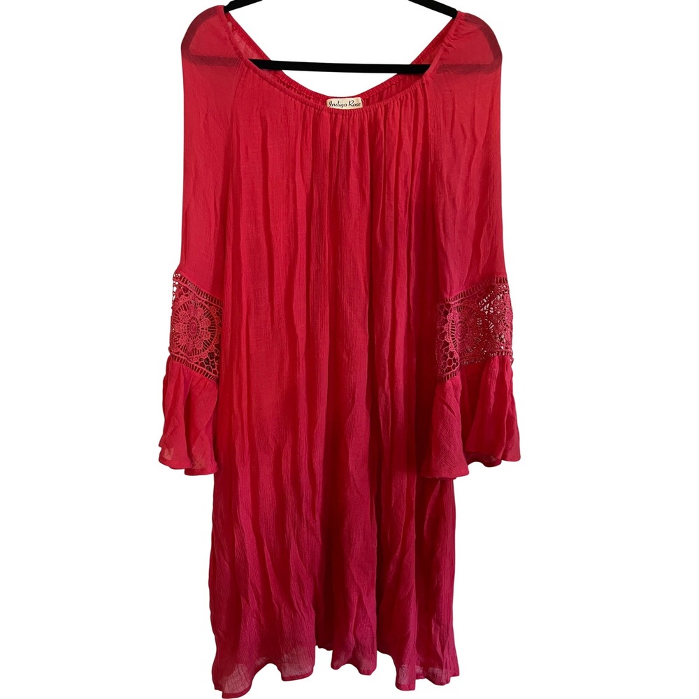 Indigo Rose Pink Red Boho Crochet Bell Sleeve Mini Dress Plus Size 3X